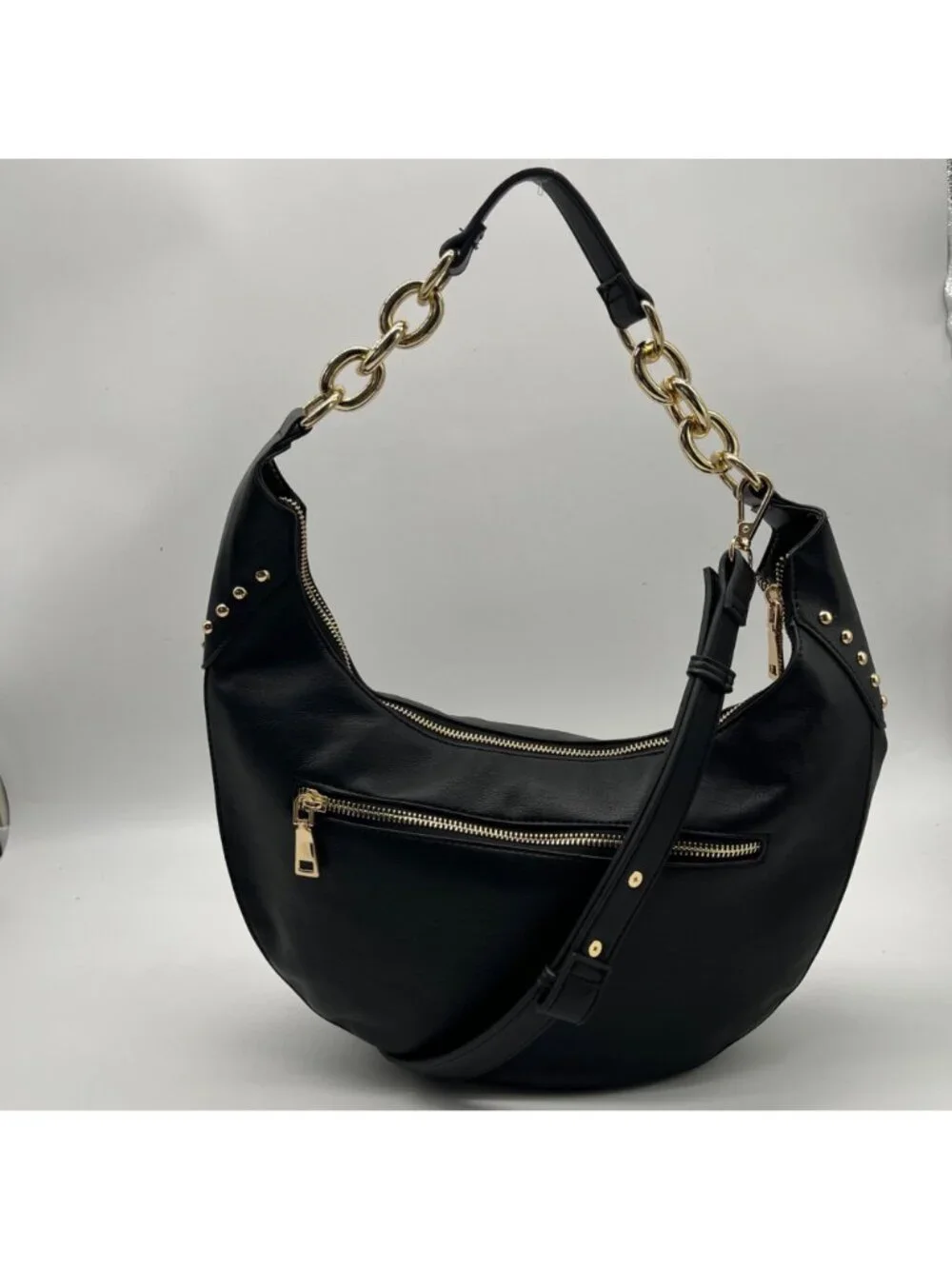 I.N.C. International Concepts Black Faux Leather Giannaa Medium Stud Hobo Bag
